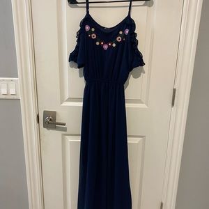 Navy Blue Embroidered Off-the-shoulder Dress